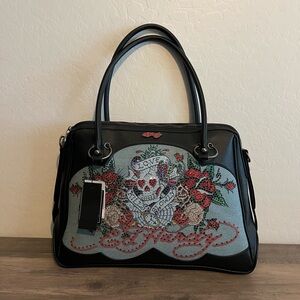 Ed Hardy Black Satchel Bag w/ Floral Love Kills Slowly  Rhinestone Skull Design
